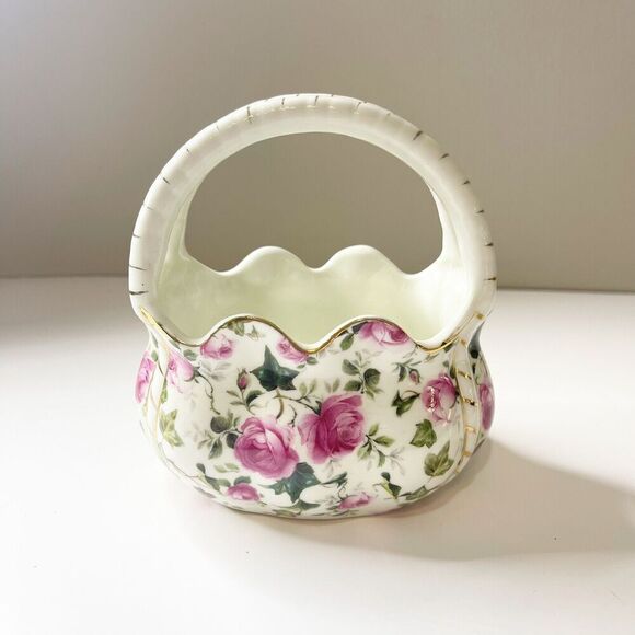 Formalities by Baum Bros Pink Rose White Basket Vase Small Porcelain Glass - Picture 13 of 16